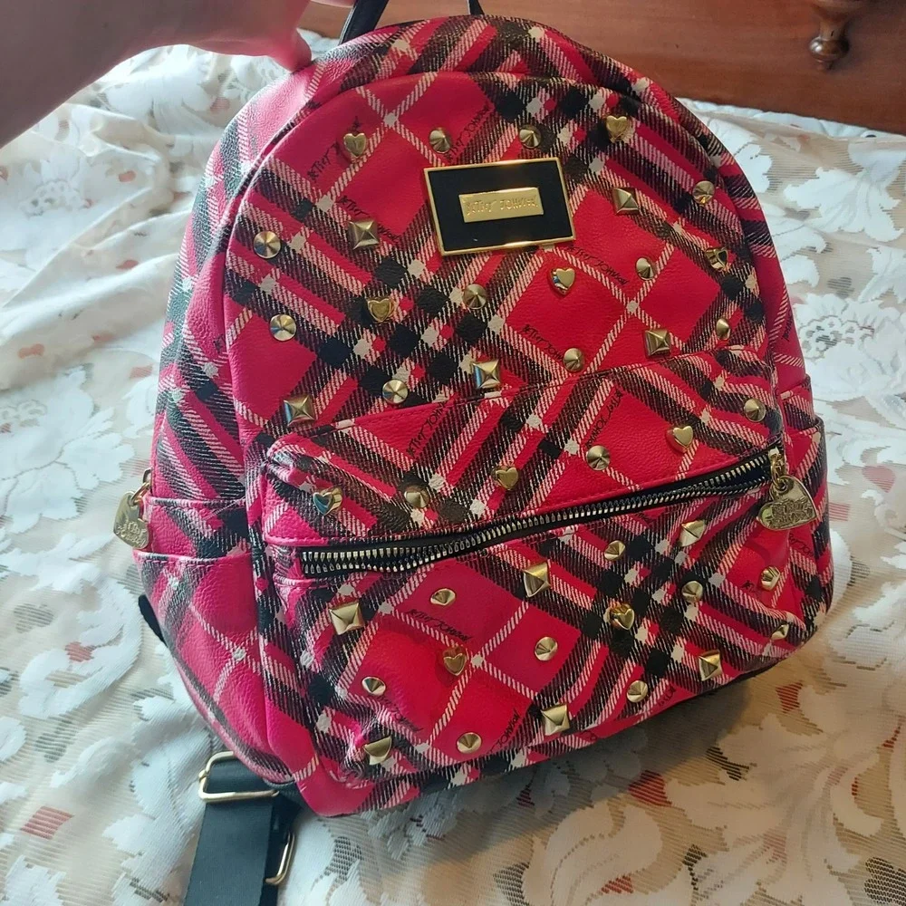 Betsey Johnson Pink Plaid Studded Mini Backpack Gold Heart Studs Rose Lining